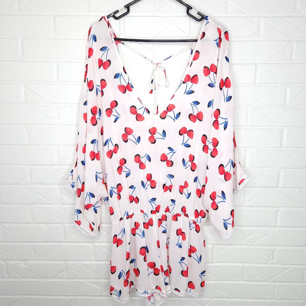 Kate Spade Cherry Toss Romper White Red Cherry Print Preppy Swim Cover Up M Flaw